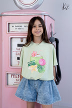 T-shirt dziewczęcy oversize ze stoperami matcha  KIZ