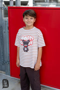 T-shirt chłopięcy w paski bężowo-białe  ALL FOR KIDS