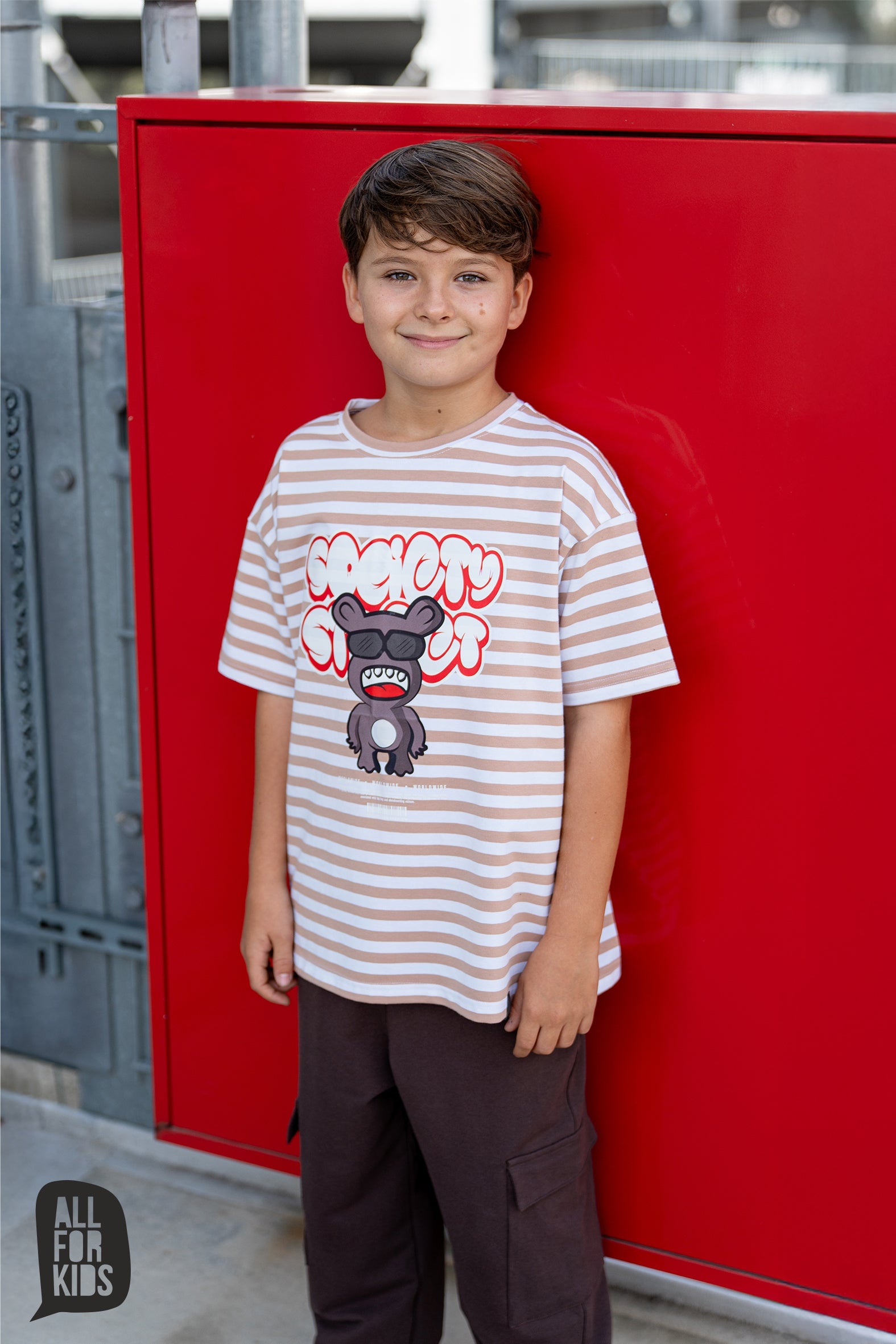T-shirt chłopięcy w paski bężowo-białe  ALL FOR KIDS