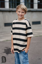 T-shirt chłopięcy oversize w beżowo-brązowe pasy ALL FOR KIDS