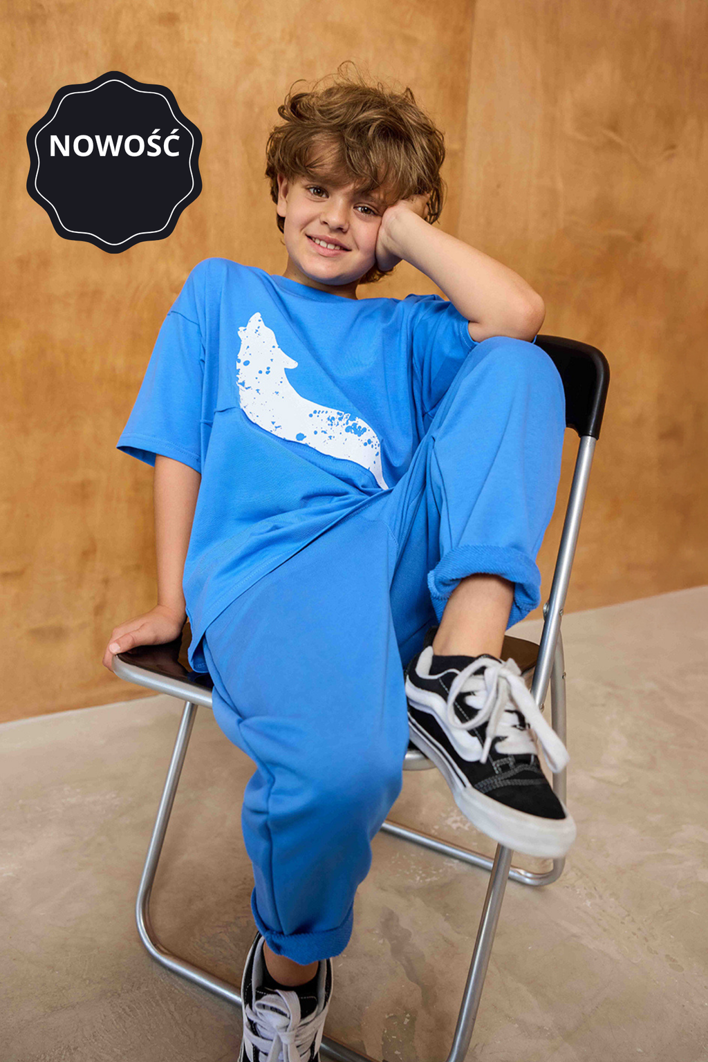 T-shirt chłopięcy z wilkiem niebieski mash MNIE