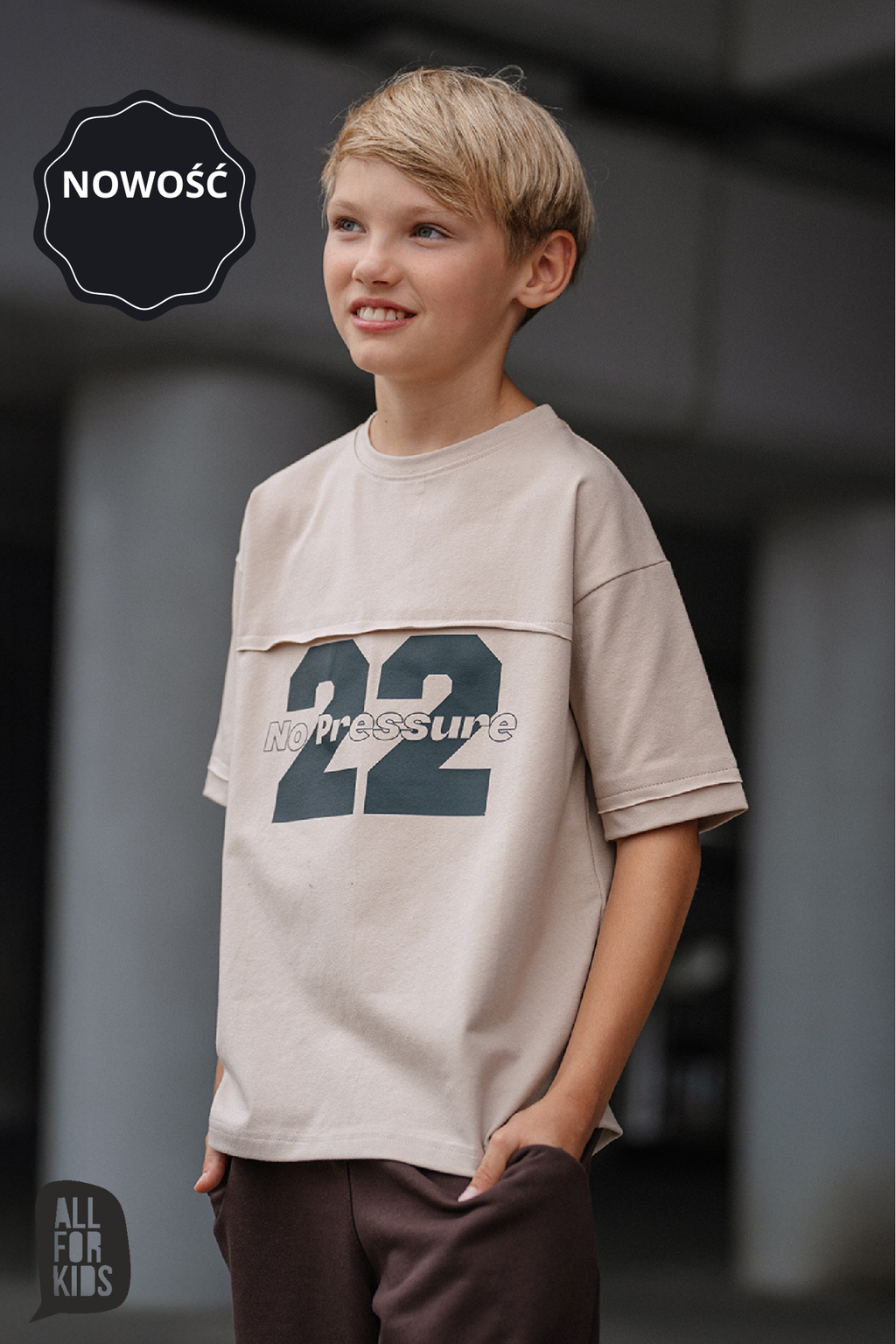 T-shirt chłopięcy beżowy z nadrukiem  ALL FOR KIDS