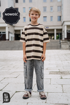 T-shirt chłopięcy oversize w beżowo-brązowe pasy ALL FOR KIDS