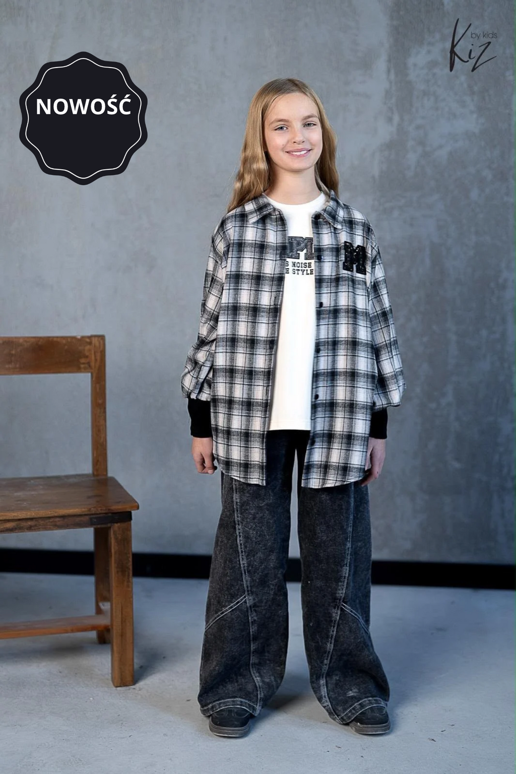 Koszula dziewczęca w kratę czarno-beżową oversize KiZ